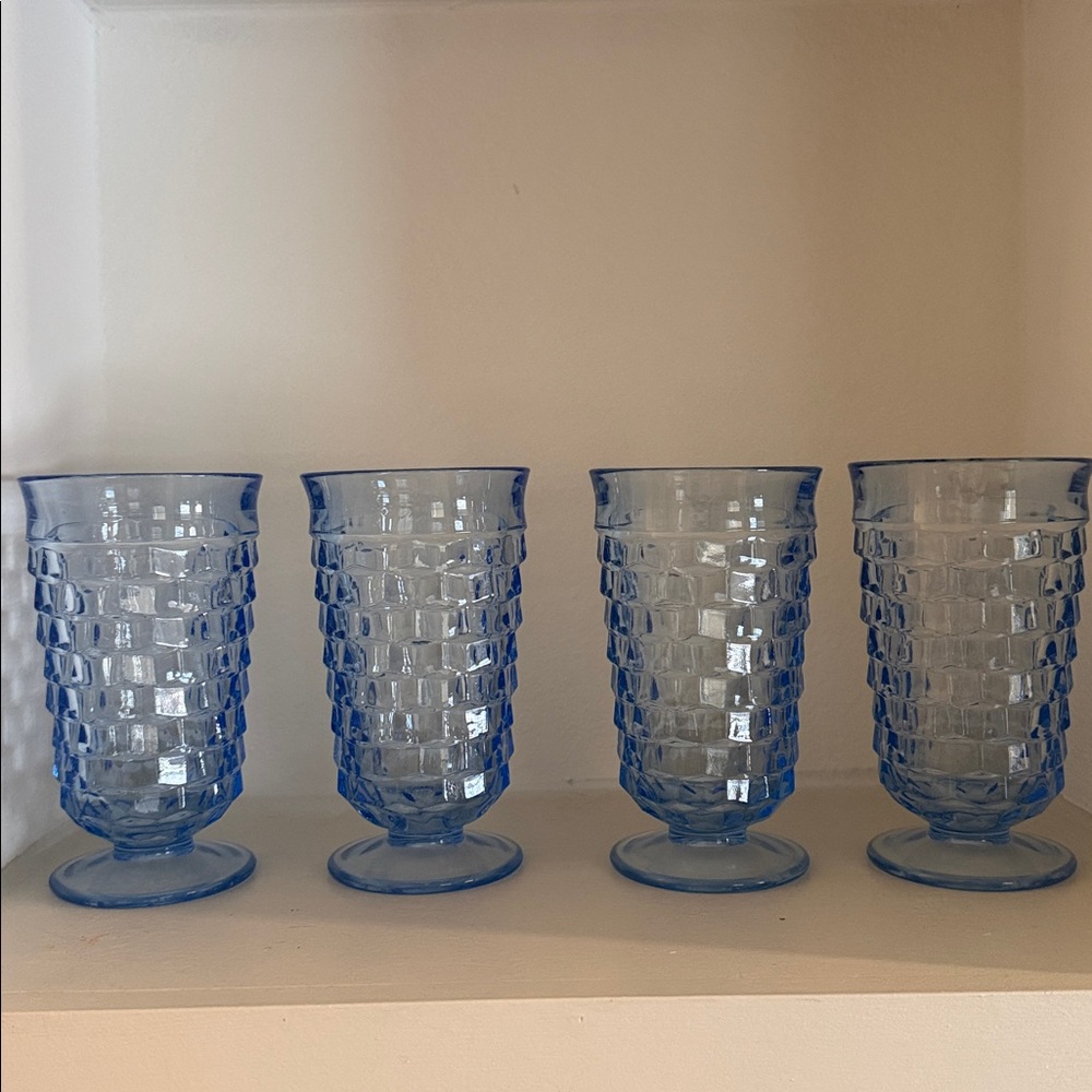 4 vintage Indiana Glass Whitehall Cubist light blue footed iced tea glasses